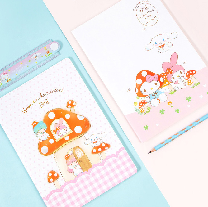 Sanrio cartoon character notebook with little twins star, My Melody, Hello Kitty and Cinnamoroll.