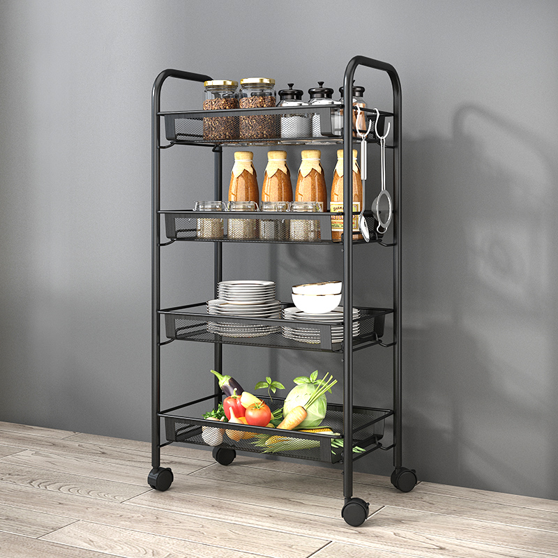 A 4 layers black metal trolley cart for domestic usage.