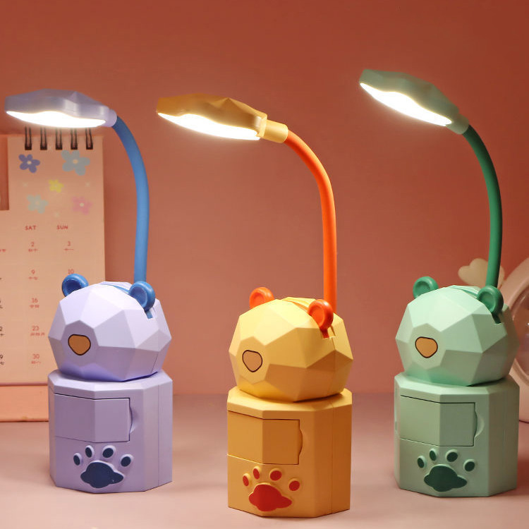 A set of 3 bears table lamp with blue, orange, and green color.