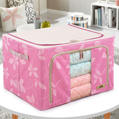 A pink cloth storage box.