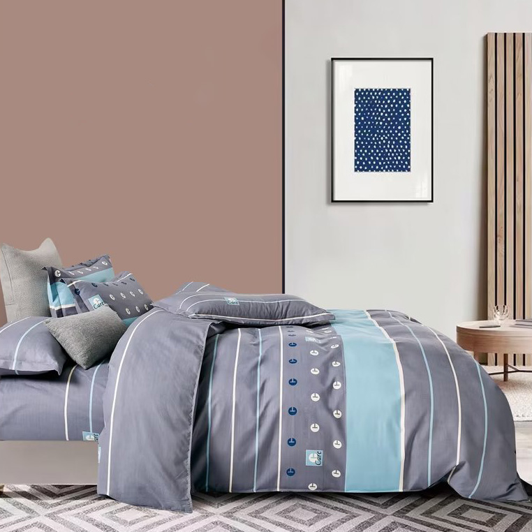 A set of plain pattern bedding sheet displayed in the bedroom. There is a pillow on the bed. This is an image of showing one's better living product.