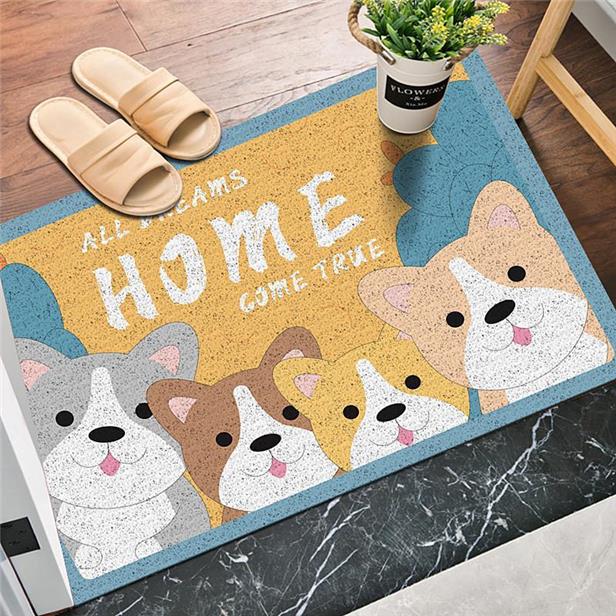 A carpet with pattern of 4 cute cartoon shiba dog on the floor. With the text "All dreams come true". This is an image of showing one's better living product.