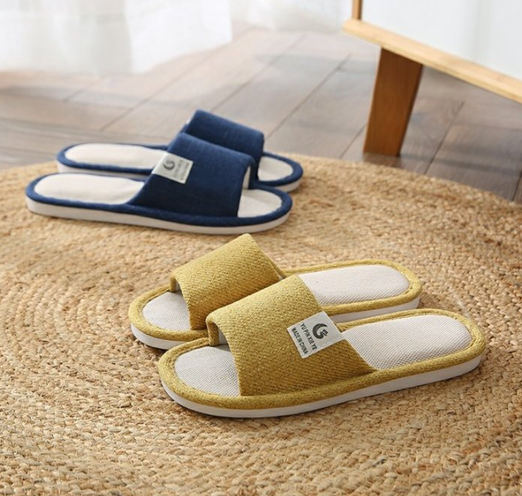 two pairs of Comfort Indoor Slippers, blue and yellow