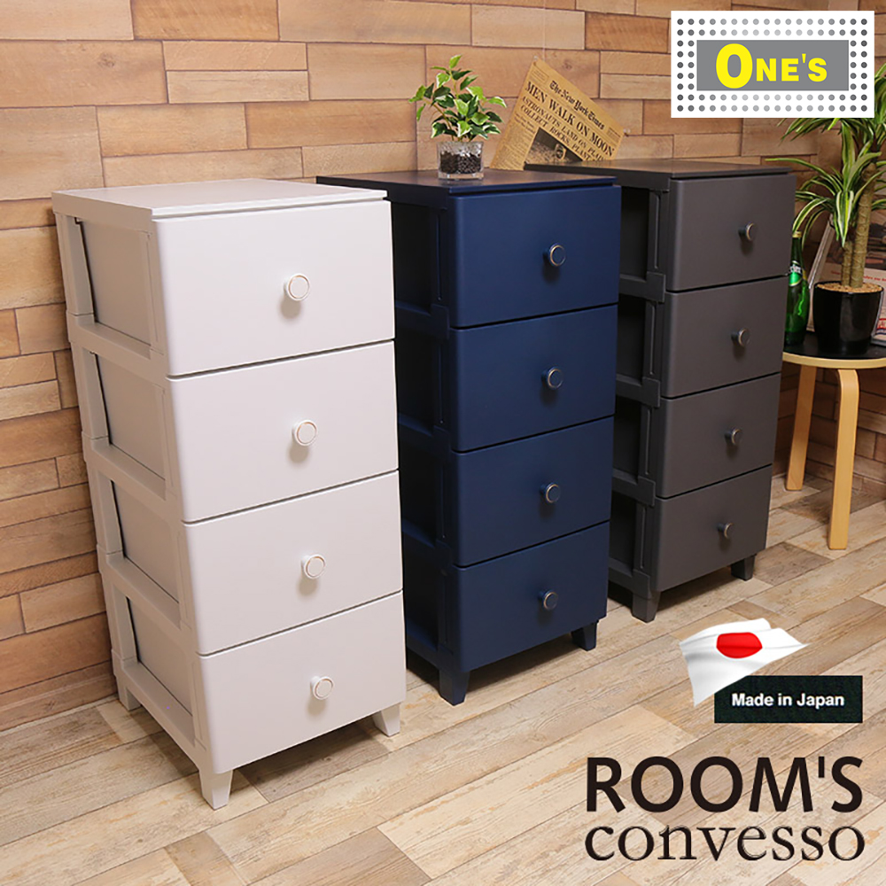 Demonstration of Sanka Japan made ROOM'S Convesso, Japanese plastic storage chest. White, Blue, and Grey in color. 3 ROOM'S Convesso plastic storage chest is placed in the middle of the room.