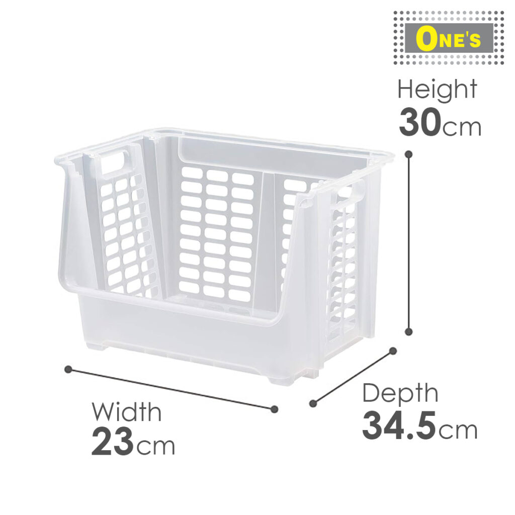 Dimension of Japan made plastic storage basket. Transparent white in color. Dimension 23 x 34.5 x 30 cm. Now sales in Toronto.