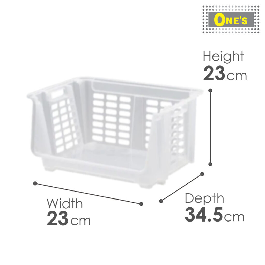 Dimension of Japan made plastic storage basket. Transparent white in color. Dimension 23 x 34.5 x 23 cm. Now sales in Toronto.