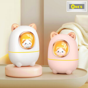 Display of 2 Desktop Cartoon Space Cat USB Portable Humidifier, white and pink. With colorful decorative light.