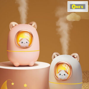 Display of 2 Desktop Cartoon Space Cat USB Portable Humidifier, white and pink. With colorful decorative light.