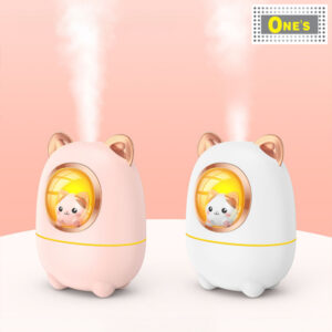 Display of 2 Desktop Cartoon Space Cat USB Portable Humidifier, white and pink. With colorful decorative light.
