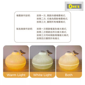 Instructions on how to use Desktop Onion Aroma Humidifier. Spray operation instructions: Click the button for the first time to turn on the continuous spray mode; Click the button for the second time to switch to intermittent spray mode; press the button for the third time to turn off all spray modes (this cycle) Ambient light operating instructions: The first click is the warm yellow light mode. The second click is the natural white light mode, the third click turns on the warm yellow and white lights at the same time, the fourth click turns off all lights (this cycle)