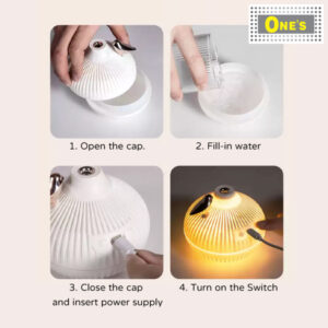 Instructions on how to use Desktop Onion Aroma Humidifier. Open the cap. Fill-in water. Close the cap and insert power supply. Turn on the switch.