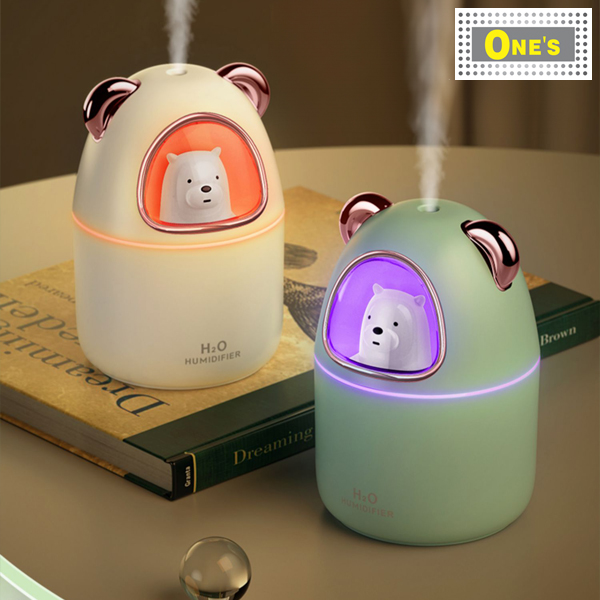 Display of 2 Desktop Cartoon Space Bear USB Portable Humidifier, white and green. With colorful decorative light.