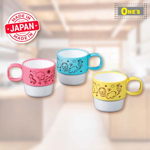 Made in Japan Baby cute animal cartoon cup with pink cat, blue dog, and yellow bear.